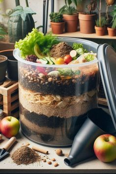 a container filled with lots of food sitting on top of a table next to potted plants