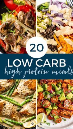 low carb high protein meal collage with text overlay that reads 20 low carb high protein meals