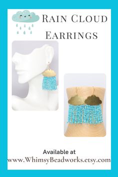 Make a statement with these unique and funky rain cloud earrings! Each pair is handmade with vibrant turquoise blue beading, fringe details, and brass clouds that catch the light and dance with your every movement. These eye-catching earrings are perfect for adding a quirky touch to any outfit! Earrings Handmade Boho, Cloud Earrings, Blue Beaded Earrings, Dance With You, Blue Rain, Cloud Shapes