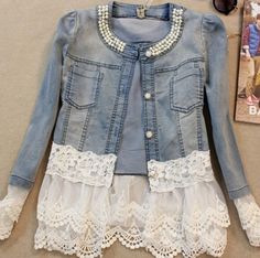 Compare Prices on Lace Denim Jacket- Online Shopping/Buy Low Price ... Upcycling Clothing, Lace Jeans, Moda Denim, Denim Jacket Fashion, Vintage Jean Jacket, Stil Boho, Denim On Denim, Jean Jacket Women, Blue Jean Jacket