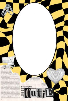 a black and yellow checkered background with a white circle in the center, surrounded by other items