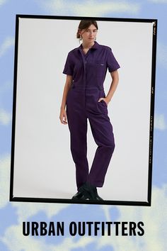 WILDFANG The Essential high waisted coveralls. Our favorite WILDFANG jumpsuit in brushed-soft stretch cotton. Short sleeve silhouette with a high waist and straight leg. The two button waistband is adjustable for a personalized fit. Features WILDFANG The Essential high waisted coverall Brushed-soft stretch cotton jumpsuit High-waisted fit with a straight leg Zip front Content + Care 97% Cotton, 3% spandex Machine wash Imported Size + Fit Measurements taken from size Medium Chest: 42" Waist: 34.25" Inseam: 29" | WILDFANG The Essential High Waisted Coverall in Plum at Urban Outfitters Men's Shoes Accessories, Cotton Jumpsuit, Women Men Shoes, Media Chest, New Woman, Mens Bottom, Stretch Cotton, Urban Outfitters, Straight Leg