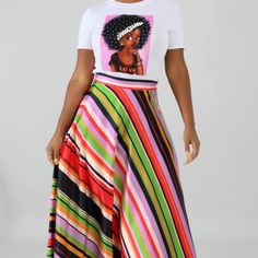 Multi-Colored Striped Skirt With A Satin Feel. Casual Multicolor Asymmetrical Maxi Skirt, Chic Multicolor Maxi Skirt For Party, Casual Multicolor Maxi Skirt For Party, Chic Multicolor Asymmetrical Skirt, Multicolor Pleated Maxi Skirt For Day Out, Chic Multicolor Long Skirt, Pleated Multicolor Maxi Skirt For Day Out, Chic Multicolor Maxi Skirt For Day Out, Multicolor Lined Maxi Skirt For Day Out