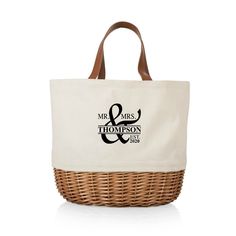 a white and brown shopping bag with the words, mr & mrs thomas on it