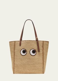 Anya Hindmarch Small Eyes Raffia Tote Bag - Bergdorf Goodman Small Eyes, Raffia Tote Bag, Wool Tote, Embroidered Eyes, Adjustable Bag, Under Eye Bags, Anya Hindmarch, Neutral Beige, Eye Bags