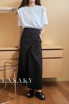 Lasaky - Sophisticated Retro-inspired High-Waisted Cotton A-Line Skirt Chic Skirt With Wide Waistband, Chic High-waist Skirt With Wide Waistband, Chic High Waist Skirt With Wide Waistband, Trendy Long Skirt For Work, Casual High Waist Wrap Skirt For Work, Chic Long Skirt With Wide Waistband, Versatile High-waist Workwear Skirt, Chic High Waist Wrap Skirt For Workwear, Versatile High Waist Skirt For Work