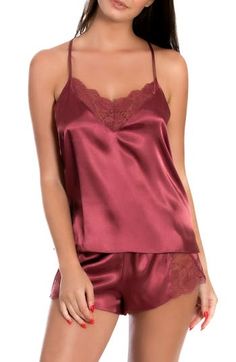 Fall in love completely with this satin cami and matching shorts featuring sheer lace with scalloped edges. 15 1/2" top center front length; 2" inseam, 29" leg opening; 9 1/2" front rise; 13" back rise (size Medium) Cami has V-neck; adjustable straps; racerback Shorts have elastic waist 100% polyester with 64% nylon, 19% spandex, 17% rayon lace Machine wash, tumble dry Imported Lingerie Victoria Secret Satin Short Pj Set, Fancy Pajamas Satin, Satin Shorts For Women, Satin Pajamas Shorts, Sleep Sets, In Bloom By Jonquil, Short Satin, Satin Sleepwear, Satin Cami