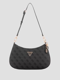 A current must-have with an updated silhouette. Shoulder bag in a Quattro G printed faux-leather construction features a front logo emblem, adjustable shoulder strap and a zip-top closure. Guess Black Bag, Guess Noelle Bag, Cute Purses Black, Guess Bags Aesthetic, Outfits With Bags, Guess Bag Outfit, Guess Vintage Bag, Guess Bags Handbags, Guess Bags Black