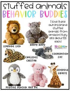 stuffed animals and their names are shown in this poster