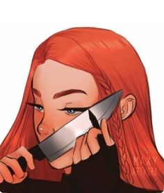 a woman with red hair holding a knife to her face