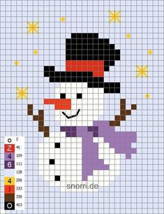 a cross stitch pattern with a snowman wearing a purple scarf and hat on it