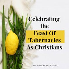 a yellow lemon sitting on top of a green plant next to a white cloth with the words celebrating the feast of tabernacles as christians