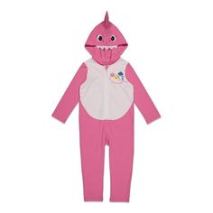 a child's pink and white onesuit with a shark on the chest, in front of a white background