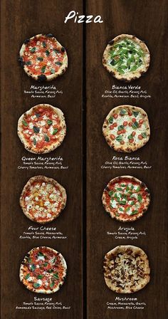 the pizzas are displayed on wooden boards and ready to be eaten in different ways