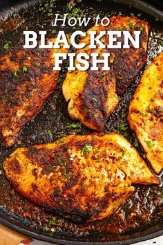 how to cook blacken fish in a cast iron skillet with text overlay