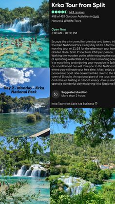 an advertisement for the krka tour from splittit, with pictures of people swimming in