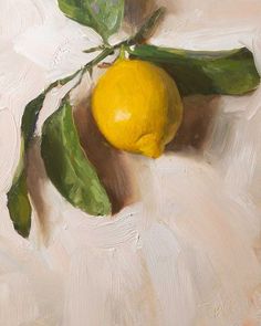 a painting of a lemon and leaves on a white background