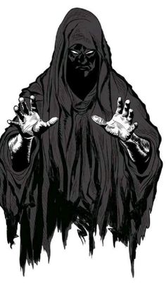 a black and white drawing of a hooded man holding two hands up in the air