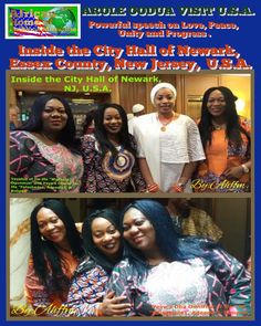 three women are posing for the camera in front of a blue sign that says inside the city hall of newark