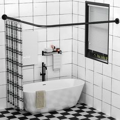 a white bath tub sitting next to a black and white checkered floor