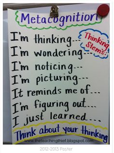 a white board with writing on it that says metacognition i'm thinking