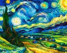 a painting of a starry night with trees and houses