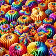 many different colored pumpkins are arranged in the shape of an intricate pattern on display