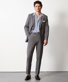 Mens Gray Wedding Suits, Timeless Business Casual Pantsuit With Welt Pockets, Business Casual Pantsuit With Pressed Crease, Timeless Pantsuit With Welt Pockets For Business Casual, Notch Lapel Three-piece Suit For Office, Timeless Suits In Suiting Fabric For Office, Three-piece Notch Lapel Suit For Office, Timeless Office Wear Suits In Suiting Fabric, Tailored Timeless Suits