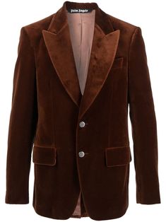 brown cotton velvet peak lapels front button fastening long sleeves buttoned cuffs chest welt pocket two front flap pockets straight hem Brown Velvet Blazer Outfit Men, Luxury Brown Blazer, Brown Double-breasted Blazer With Lapel Collar, Brown Single-breasted Suede Blazer, Double-breasted Brown Blazer With Welt Pockets, Brown Velvet, Velvet Blazer, Airport Fashion, Palm Angels