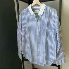 Nwt American Eagle Striped Button Down Shirt Color: Blue/White Size: Small More Of A Lightweight Material Rounded Hem Ptp Approx 22” Shoulder To Side Hem Approx 20” Middle 25” Everyday Button-up Shirt With Striped Collar, Day Out Blouse With Striped Collar, Day Out Shirt With Striped Collar Button-up, Day Out Button-up Shirt With Striped Collar, Casual Button-up Blouse With Striped Collar, Button-up Shirt With Striped Collar For Day Out, White Striped Collar Button-up Blouse, White Button-up Blouse With Striped Collar, Striped Collar Button-up Blouse In Relaxed Fit