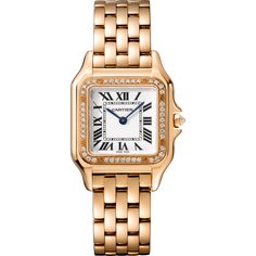 Cartier - Panthère de Cartier watch - Watch Woman Pink gold/Diamond - Panthère de Cartier watch, medium model, quartz movement. Case in 18K rose gold set with brilliant-cut diamonds, dimensions: 27 mm x 37 mm, thickness: 6 mm, crown set with a diamond, silvered dial, blued-steel sword-shaped hands, 18K rose gold bracelet. Water-resistant to 3 bar (approx. 30 meters). Pink Gold Bracelet, Cartier Panther, Gold Diamond Watches, Cartier Panthere, Cartier Santos, Cartier Watch, Buy Watches, Fine Watches, Rose Gold Bracelet