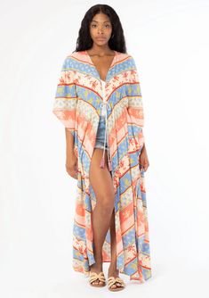 Orange and blue chevron striped duster styled Kimono Bohemian Rayon Cover-up For Vacation, Striped Kaftan For Summer Beach Cover-up, Red Bohemian Flowy Kimono, Bohemian Multicolor Printed Cover-up, Spring Beach Cover-up Duster, Red Bohemian Tunic Kimono, Bohemian Maxi Length Cover-up With Boho Print, Bohemian Boho Print Maxi Cover-up, Spring Hippie Flowy Kaftan