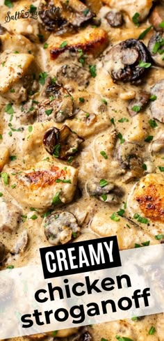 creamy chicken stroganoni with mushrooms and parsley on top