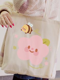 Katnipp Kawaii Handprinted Tote Bag Bumblebutt Bee & Sakura Flowers Cute Art and Stationery Accessory - Etsy Cute Pink Bags With Cartoon Print, Cute Pink Flower-shaped Bag, Pink Peony Flower, Flower Tote Bag, Sakura Flowers, Flowers Tote, Flower Tote, Flowers Cute, Art Kawaii