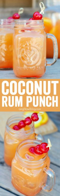 two mason jars filled with coconut rum punch