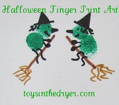 two green and black witches on brooms with words halloween fingerprint art for kids