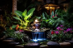 a small fountain in the middle of a garden with flowers and plants around it at night