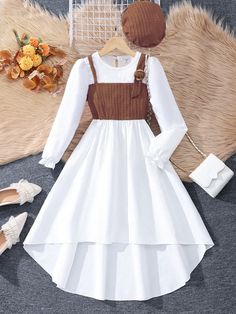 Tween Girls' Casual & Elegant Hooded Patchwork Asymmetrical Long Sleeve Dress For Autumn/Winter Brown Casual  Long Sleeve Fabric Colorblock A Line Slight Stretch  Tween Girls Clothing, size features are:Bust: ,Length: ,Sleeve Length: Cute Dresses Vintage, Vintage Fall Clothes, Cute Winter Dresses, Germany Clothing, Long Dresses Casual, Modest Christian Clothing, Everyday Dresses Casual, Modern Hanbok