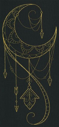 a drawing of a gold dream catcher on a black background