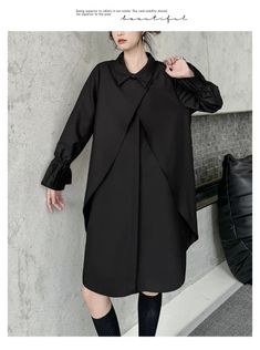 Moongor Street Style Fake Two Piece Button Long Sleeve Midi Dress Black Long Sleeve Midi Dress For Work, Black Asymmetrical Midi Dress For Office, Black Collared Shirt Dress For Office, Black Long Sleeve Shirt Dress For Fall, Black Collared Shirt Dress For Winter, Black Long Sleeve Shirt Dress For Winter, Black Shirt Dress For Winter, Black Long Sleeve Winter Shirt Dress, Black Shirt Dress For Winter Workwear