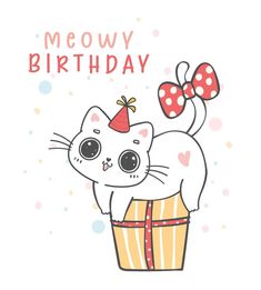 Cute funny playful white kitten cat on present box, meowy birthday cheerful pet animal cartoon doodle character drawing Present Box, White Kitten, White Kittens