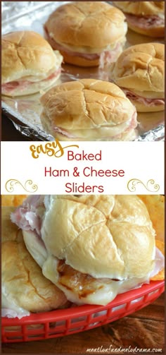 baked ham and cheese sliders are shown in two different pictures, one is on a red basket