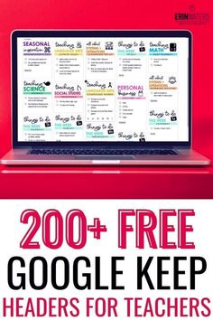 a laptop computer sitting on top of a red desk with the words 200 + free google keep