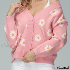 Olivia Mark - Women's Sweater Y2K Sun Flower Pattern Loose Knitwear Sweater V-Neck Button Down Knitted Cardigan Minimal Sweater, Loose Knitwear, Quilted Sweater, Flower Cardigan, Sweater Y2k, Knitwear Sweater, Sweater Collection, Cardigan Fashion, V Neck Cardigan