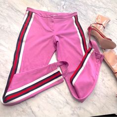 Super Cute And Super Good Condition - I Think I Never Wore Them Just Tried. Authentic Gucci Jersey Stirrup Leggings With Web Rare! Size S (2-4) True To Size In These Lilac Gucci Cotton Blend Stirrup Web Leggings, You'll Blow The Competition Away. A Signature From Alessandro Michele, These Trousers Have Been Designed In Italy From A Cotton Blend A Hidden Front Zip Button Placket, Contrast White, Red And Black Web Stripes At The Side Zipped Cuffs With Stirrup Loops (Removable) Waist: 14.5 Inches H Gucci Jersey, Gucci Pants, Stirrup Leggings, Web Colors, Super Good, Alessandro Michele, Stirrups, Pink Leggings, Button Placket