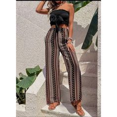 New With Tags Never Worn Size: Large 10% Off Bundles Of 2 Or More! Flowy Wide Leg Pants, Style Wide Leg Pants, Black Flare Pants, White Bohemian, Linen Bottoms, Shein Pants, Printed Wide Leg Pants, Black Sweatpants, Flowy Pants