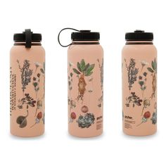 three water bottles with different designs on them