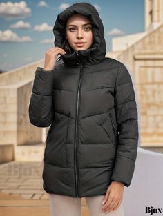 Bjux - Womens Zip-Up Hooded Coat: Stylish Long-Sleeve Winter Outerwear for Casual Elegance Winter Puffer Jacket With Drawstring Hood, Long Sleeve Solid Color Parka For Cold Weather, Long Sleeve Outerwear With Detachable Hood, Fitted Puffer Jacket For Cold Weather, Fitted Solid Color Winter Outerwear, Fitted Winter Puffer Jacket With Detachable Hood, Fitted Puffer Jacket With Double-lined Hood For Cold Weather, Long Sleeve Hooded Jacket For Winter, Winter Puffer Jacket With Double-lined Hood