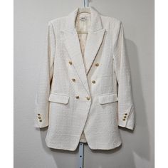 Jason Wu Women's Cream Tweed Double Breasted Button Blazer/Jacket Sz M -Long Sleeve Double Breasted Fully Lined Blazer With Peak Lapels, Shoulder Pads, And Button Closure On The Interior And Front Of Jacket -Textured Ivory/Cream-Colored Tweed Jacket Has 2 Front Flap Pockets On Left And Right Lower Portion Of The Garment, And A Single Vent On The Back -Gold Textured Button Embellishments On Front Of Garment And On Cuff Sleeves -Blazer Is In Great Condition, A Versatile Piece Of Clothing As It Can Tweed Double-breasted Long Sleeve Blazer, Tweed Blazer With Double-breasted Button And Long Sleeves, Long Sleeve Tweed Blazer With Double-breasted Buttons, Tweed Long Sleeve Double-breasted Blazer, Spring Double-breasted Tweed Outerwear, Spring Tweed Outerwear With Double-breasted Button, Tweed Double-breasted Blazer For Fall, Fall Tweed Blazer With Double-breasted Button Fastening, Fall Tweed Blazer With Double-breasted Buttons