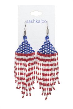 red, white and blue beaded earrings with fringes in the shape of an american flag